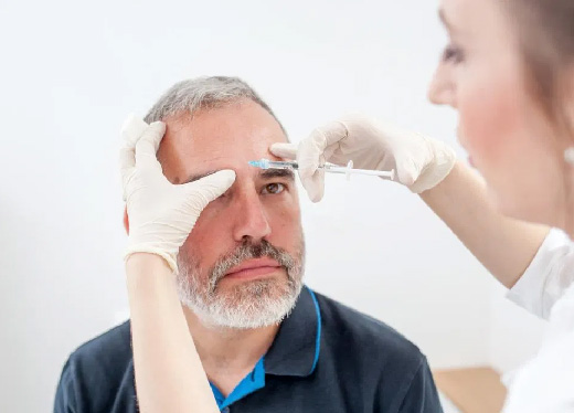 A woman is putting botox on the face of an older man.