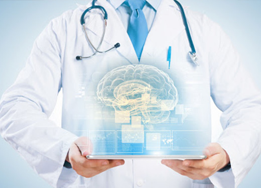 A doctor holding a tablet with an image of the brain.