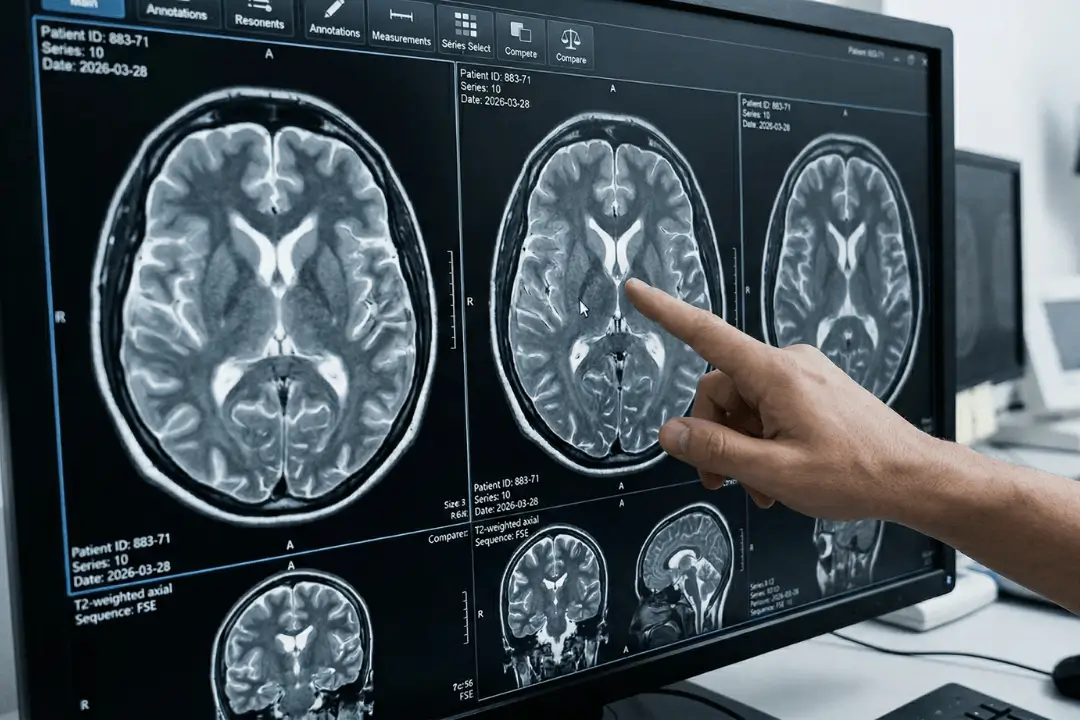 Doctor examining brain scans on computer monitor.