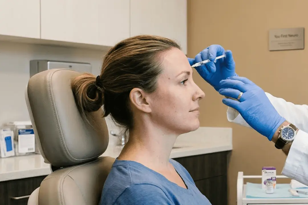Woman receiving cosmetic injection in clinic.